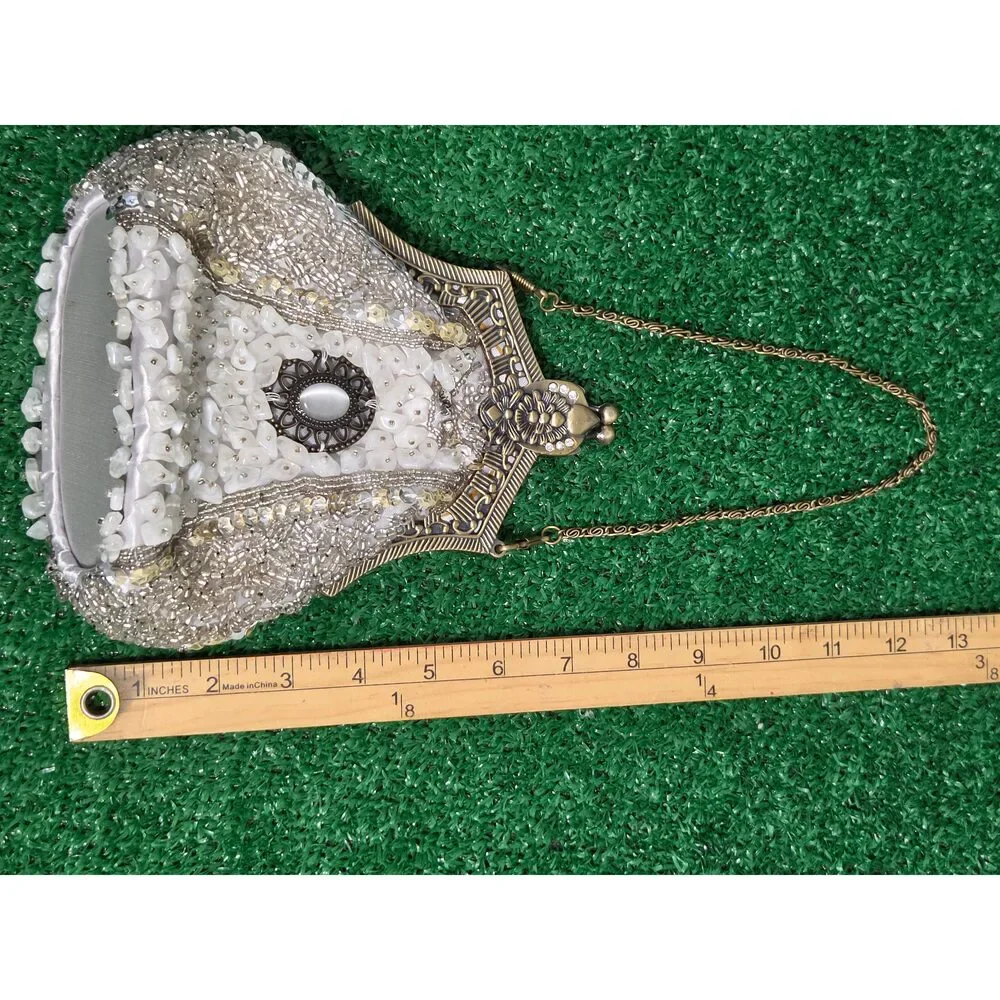 Vintage Beaded Sequined Evening Clutch Bag Antique Gold Tone Frame White Shell